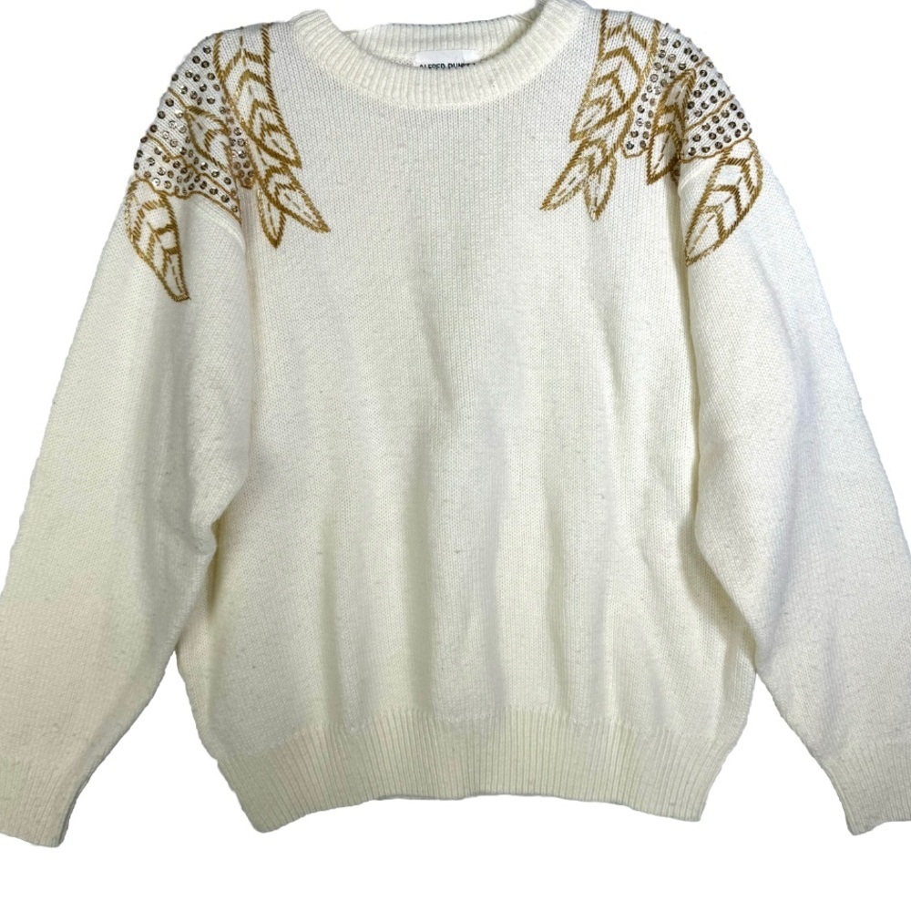 Vintage Alfred Dunner Ivory Sweater Gold Sequin Beaded Shoulders Women’s Large